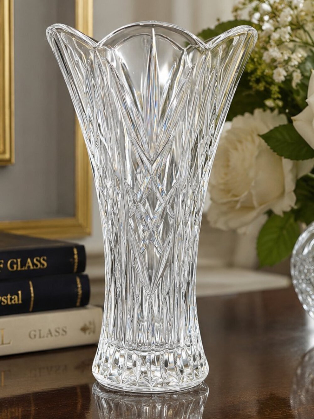 Vtg St George Lead Crystal Vase Crystal DePlomb Style Flared Scalloped Rim 8.5" - Picture 2 of 10